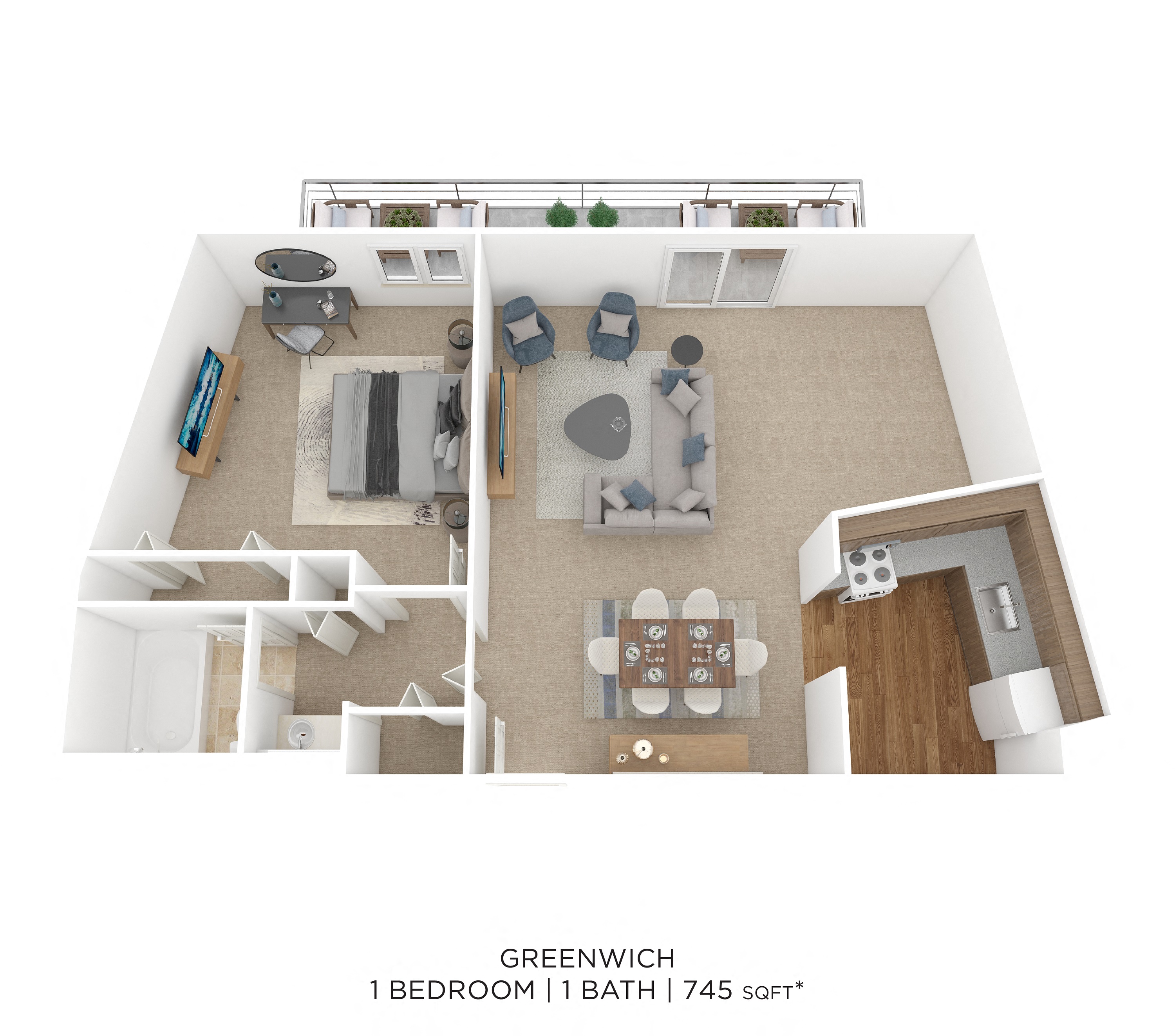 Floor plan for 1 bed, 1 bath, 745 sqft